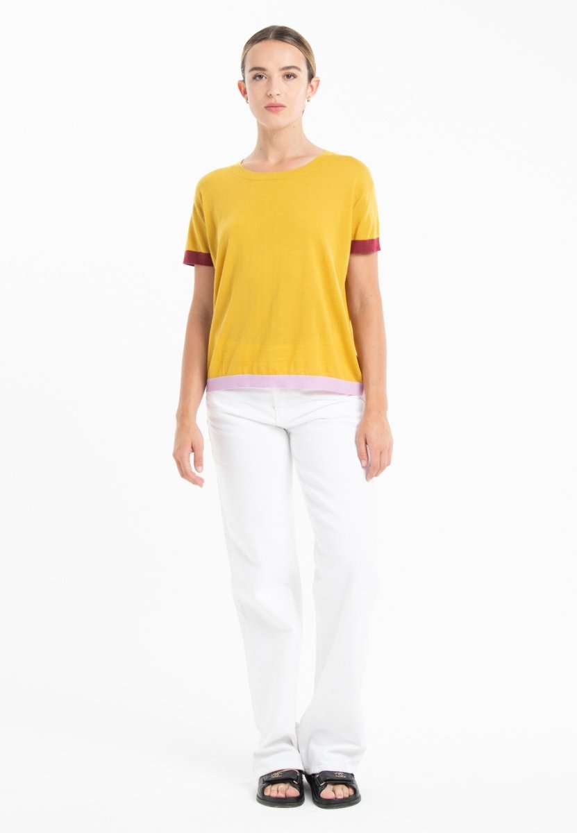 T-shirt col rond tricolore ultrafin cachemire et laine jaune/ rouge/ lavande femme - KELLY 8 - Studio cashmere8