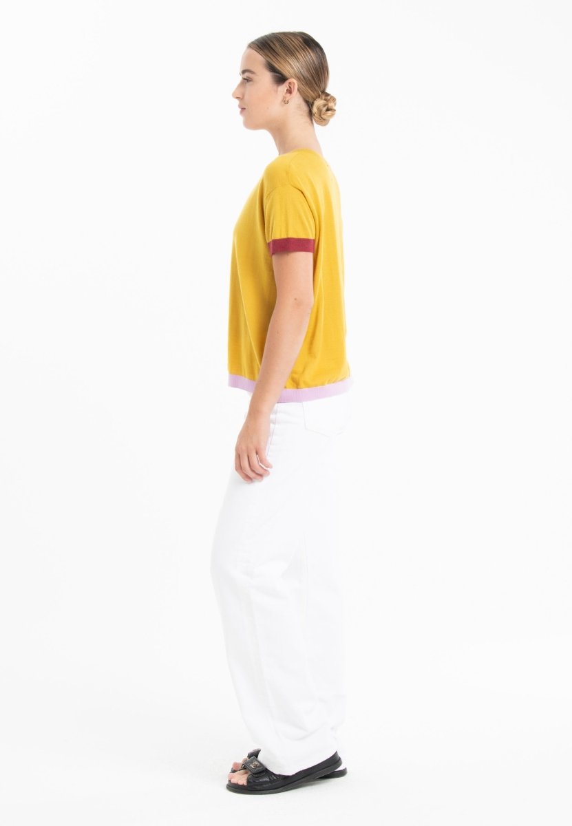 T-shirt col rond tricolore ultrafin cachemire et laine jaune/ rouge/ lavande femme - KELLY 8 - Studio cashmere8