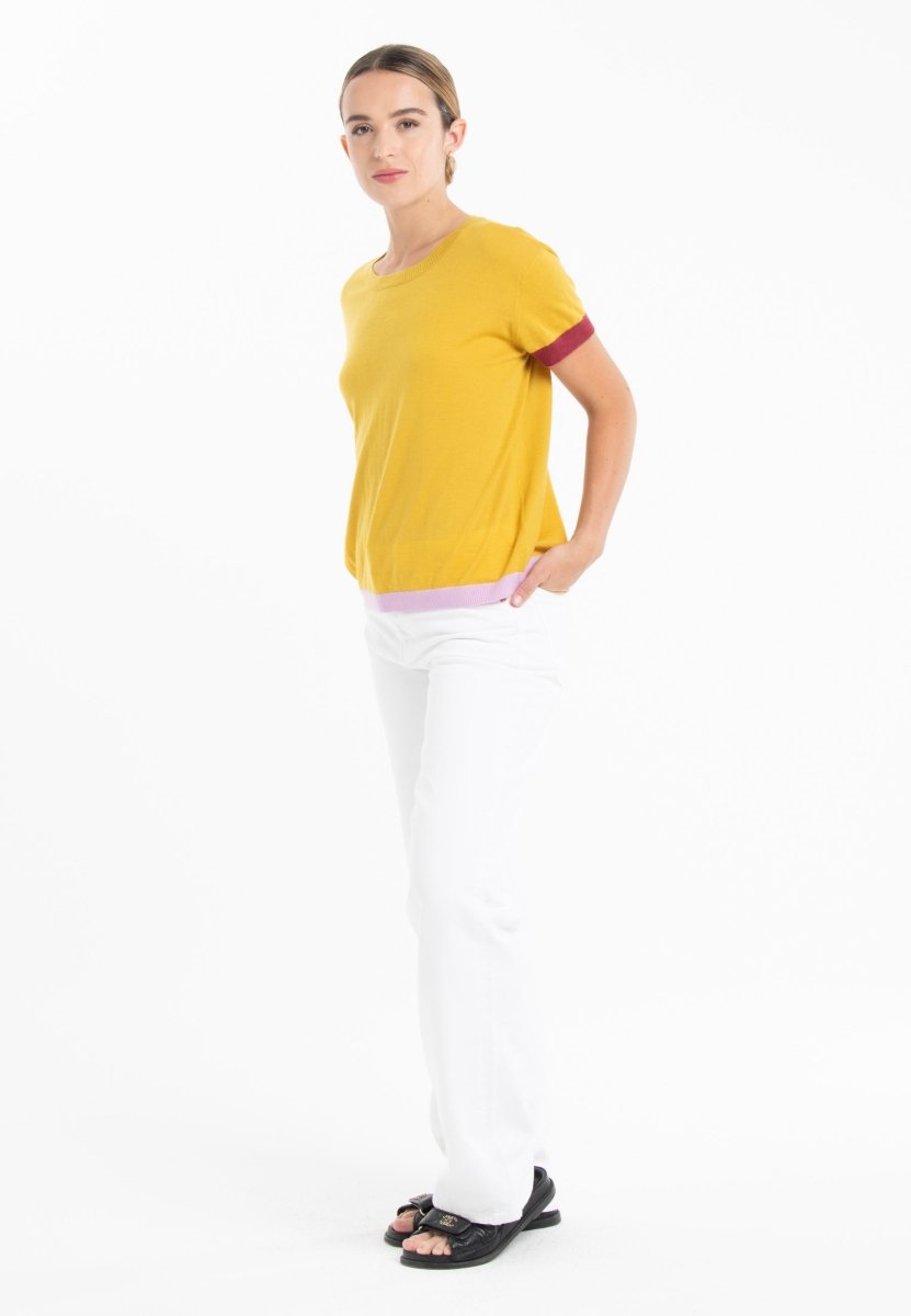 T-shirt col rond tricolore ultrafin cachemire et laine jaune/ rouge/ lavande femme - KELLY 8 - Studio cashmere8