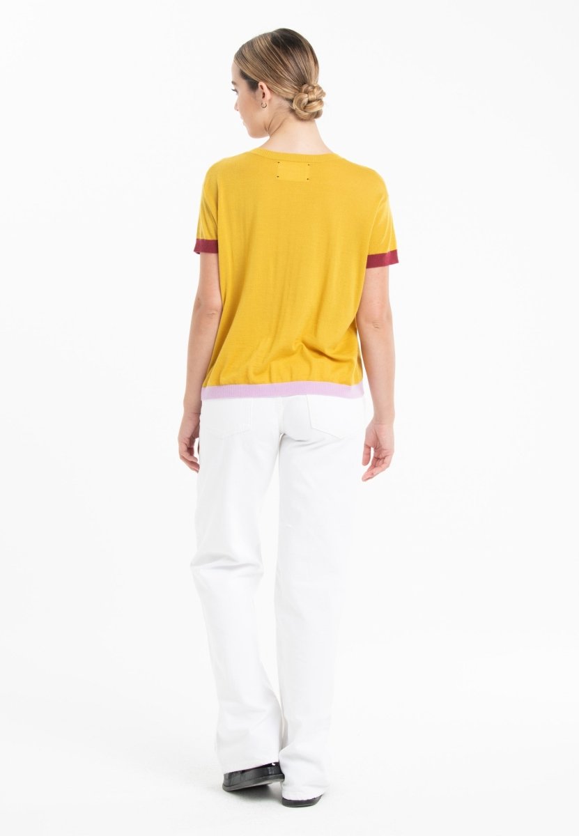 T-shirt col rond tricolore ultrafin cachemire et laine jaune/ rouge/ lavande femme - KELLY 8 - Studio cashmere8