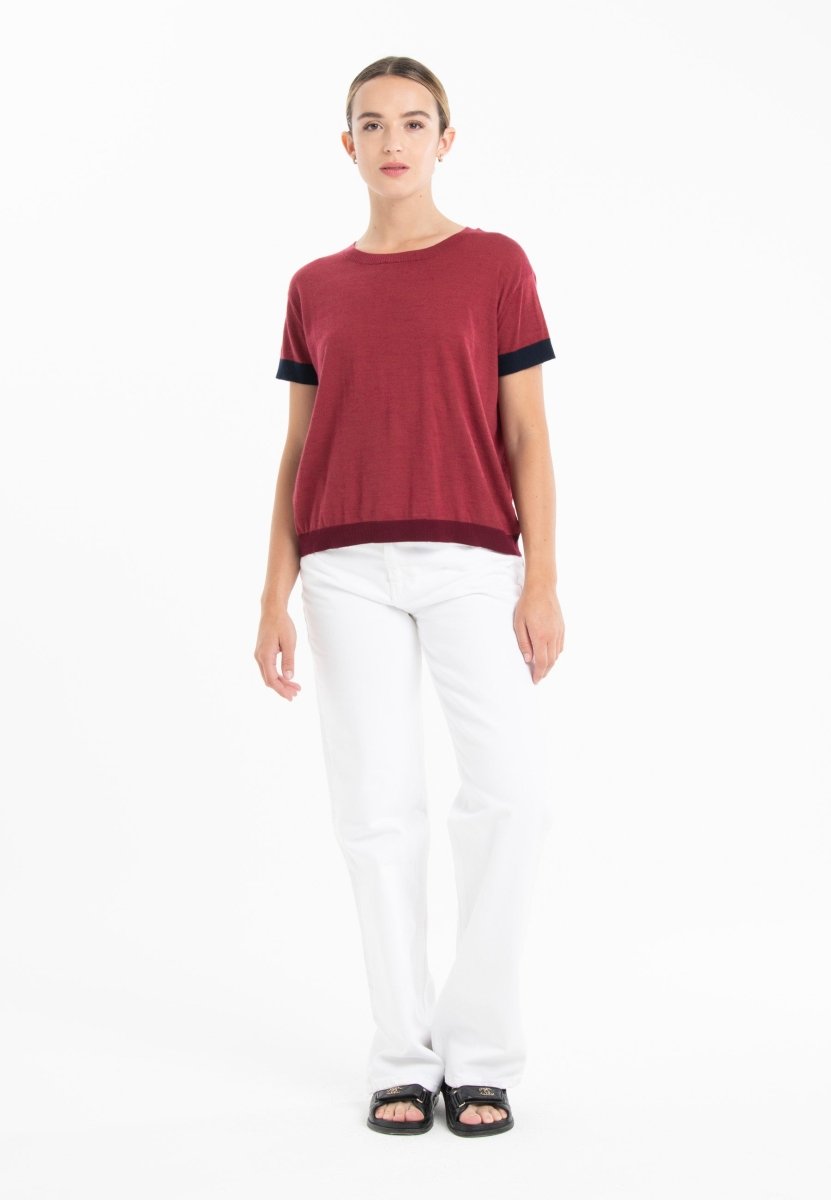 T-shirt col rond tricolore ultrafin cachemire et laine rouge/ bleu marine/ rouge bordeaux femme - KELLY 8 - Studio cashmere8