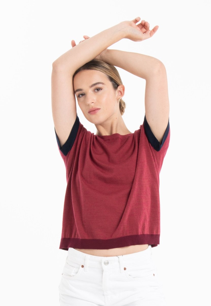 T-shirt col rond tricolore ultrafin cachemire et laine rouge/ bleu marine/ rouge bordeaux femme - KELLY 8 - Studio cashmere8