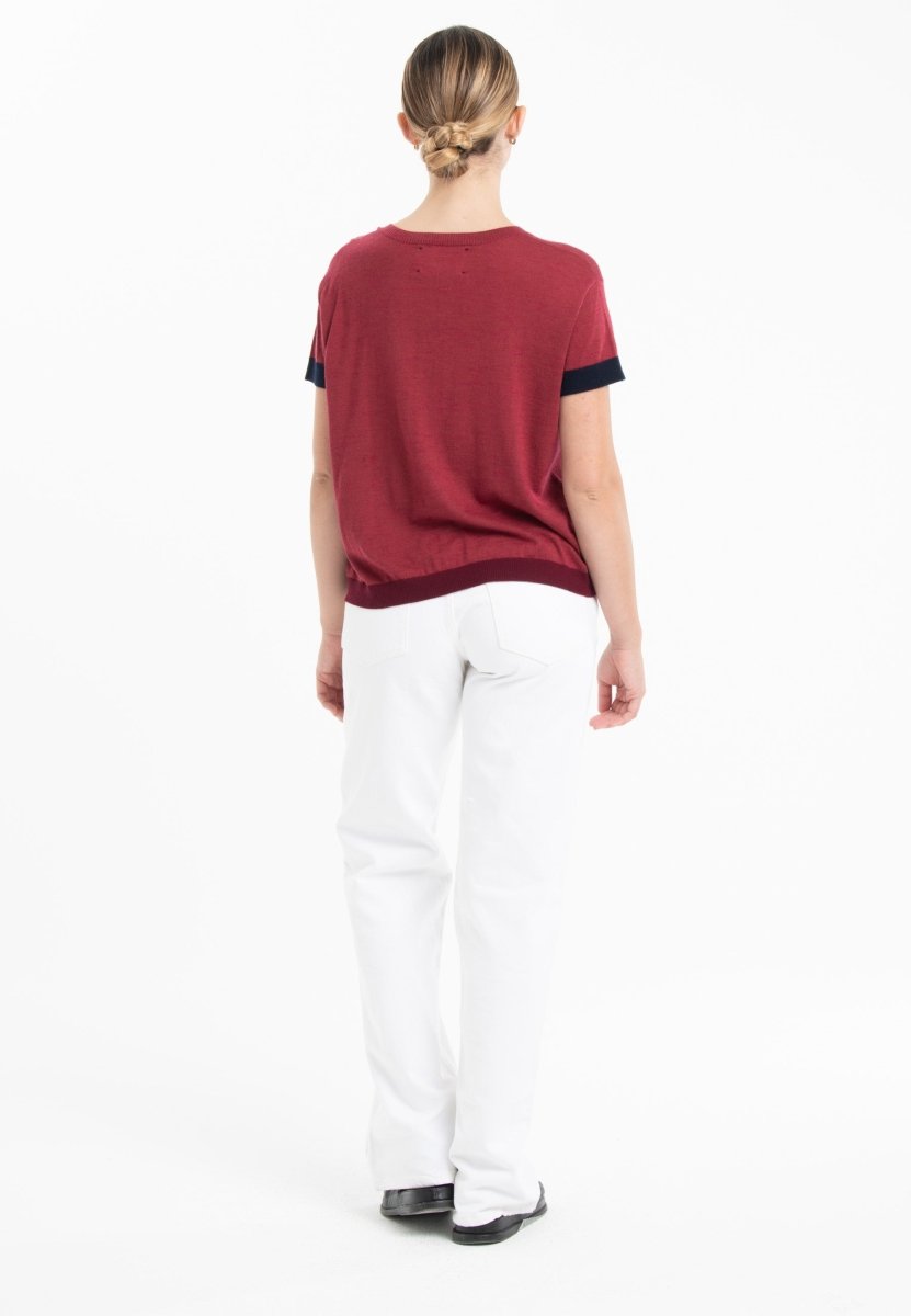 T-shirt col rond tricolore ultrafin cachemire et laine rouge/ bleu marine/ rouge bordeaux femme - KELLY 8 - Studio cashmere8