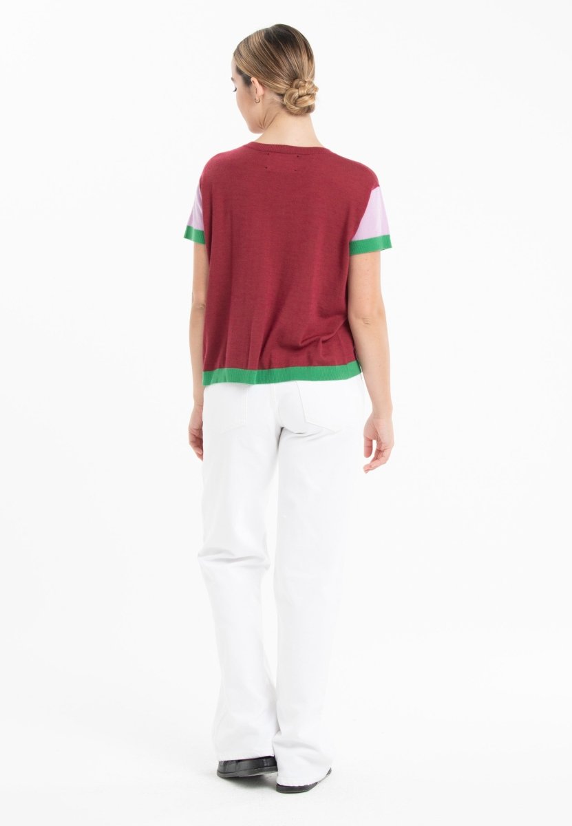 T-shirt col rond tricolore ultrafin cachemire et laine rouge/ lavande/ vert femme - KELLY 7 - Studio cashmere8