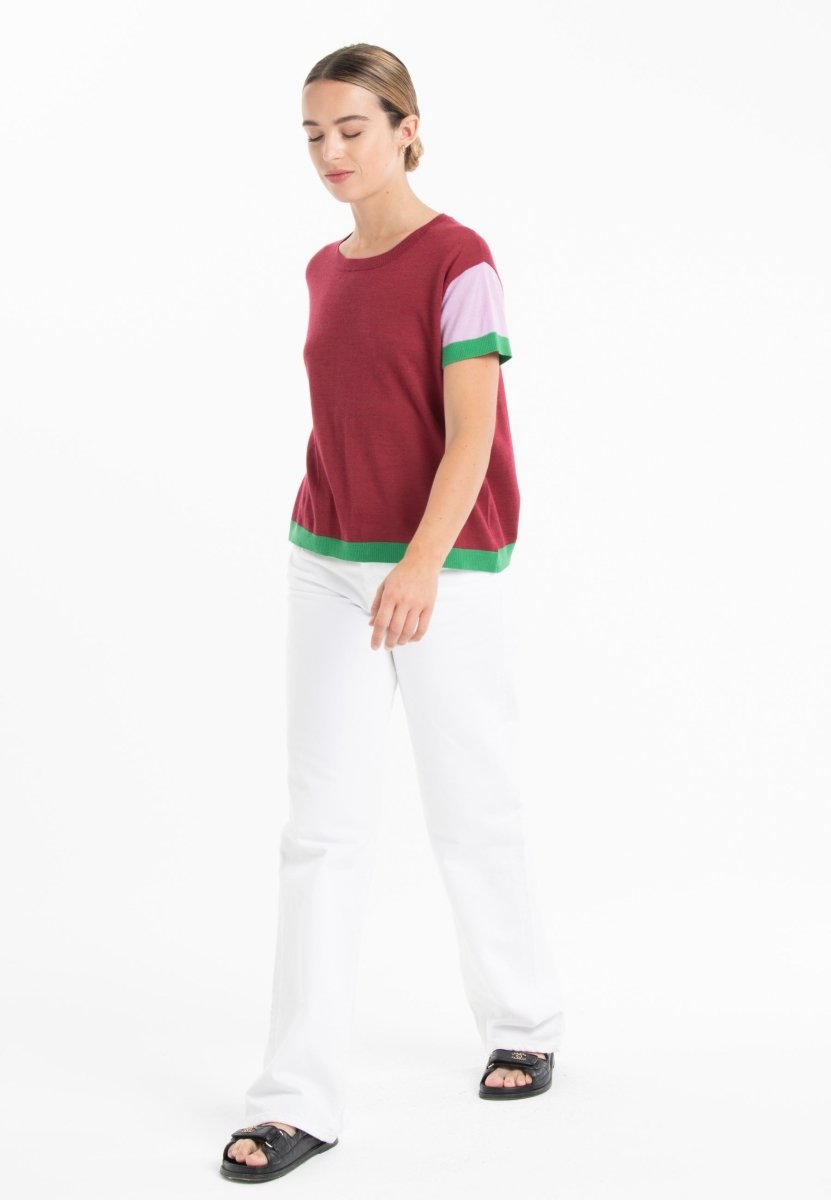 T-shirt col rond tricolore ultrafin cachemire et laine rouge/ lavande/ vert femme - KELLY 7 - Studio cashmere8