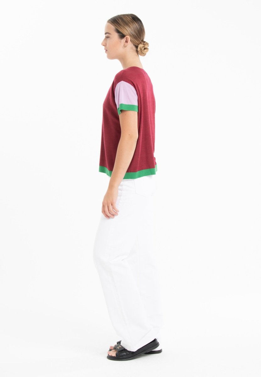 T-shirt col rond tricolore ultrafin cachemire et laine rouge/ lavande/ vert femme - KELLY 7 - Studio cashmere8