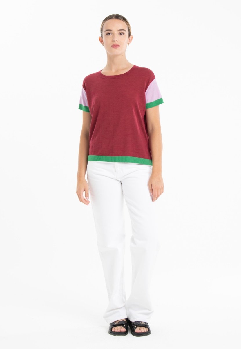 T-shirt col rond tricolore ultrafin cachemire et laine rouge/ lavande/ vert femme - KELLY 7 - Studio cashmere8