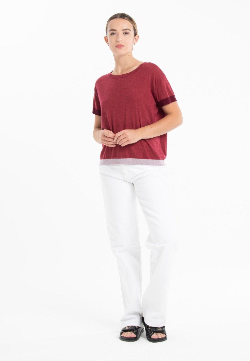 T-shirt col rond tricolore ultrafin cachemire et laine rouge/ rouge bordeaux/ violet - KELLY 8 - Studio cashmere8