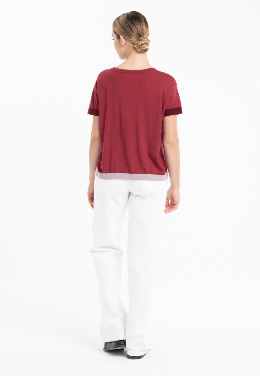 T-shirt col rond tricolore ultrafin cachemire et laine rouge/ rouge bordeaux/ violet - KELLY 8 - Studio cashmere8