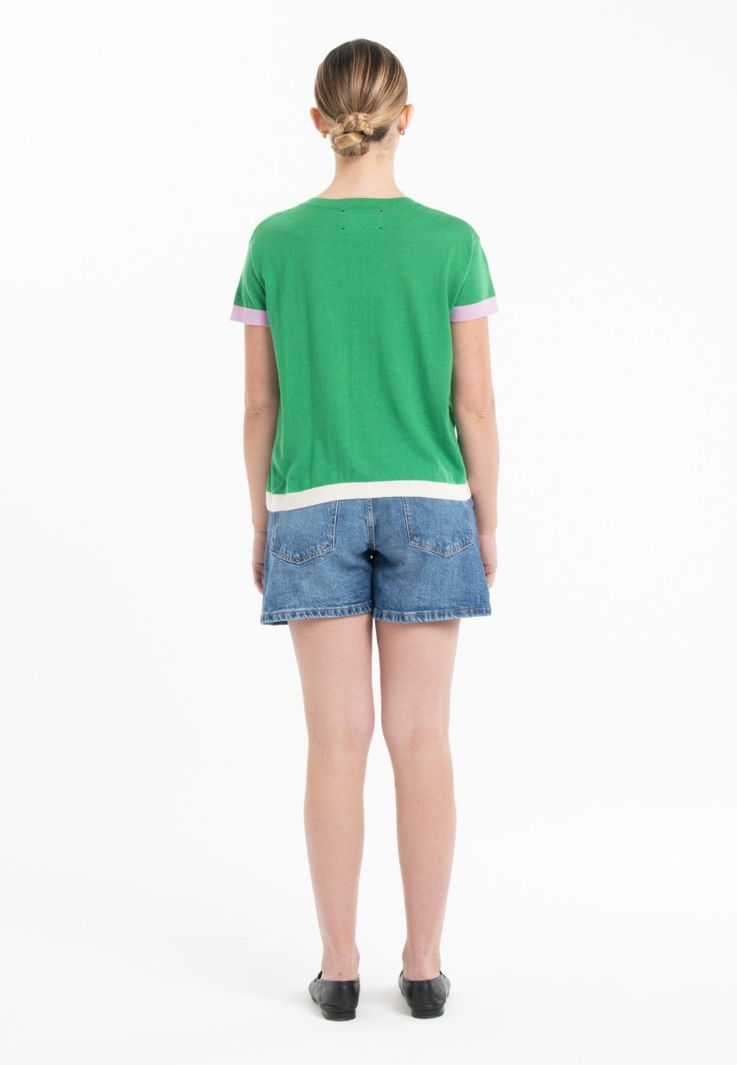 T-shirt col rond tricolore ultrafin cachemire et laine vert/ lavande/ blanc femme - KELLY 8 - Studio cashmere8