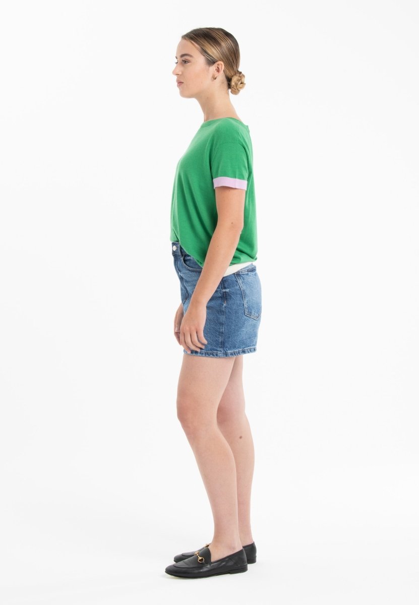 T-shirt col rond tricolore ultrafin cachemire et laine vert/ lavande/ blanc femme - KELLY 8 - Studio cashmere8