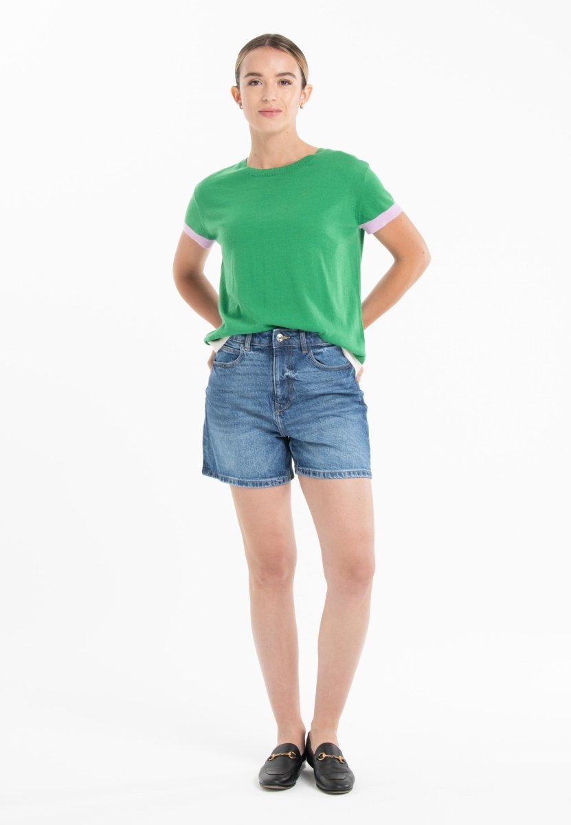 T-shirt col rond tricolore ultrafin cachemire et laine vert/ lavande/ blanc femme - KELLY 8 - Studio cashmere8