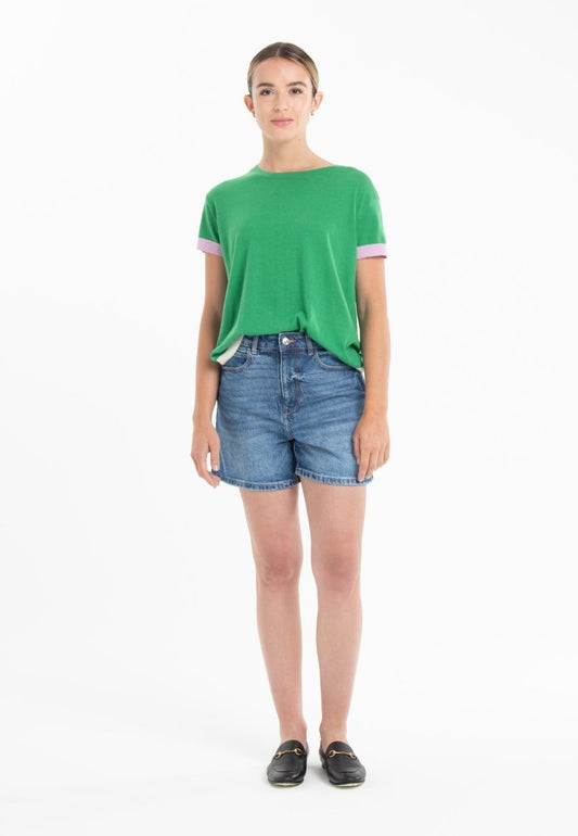 T-shirt col rond tricolore ultrafin cachemire et laine vert/ lavande/ blanc femme - KELLY 8 - Studio cashmere8