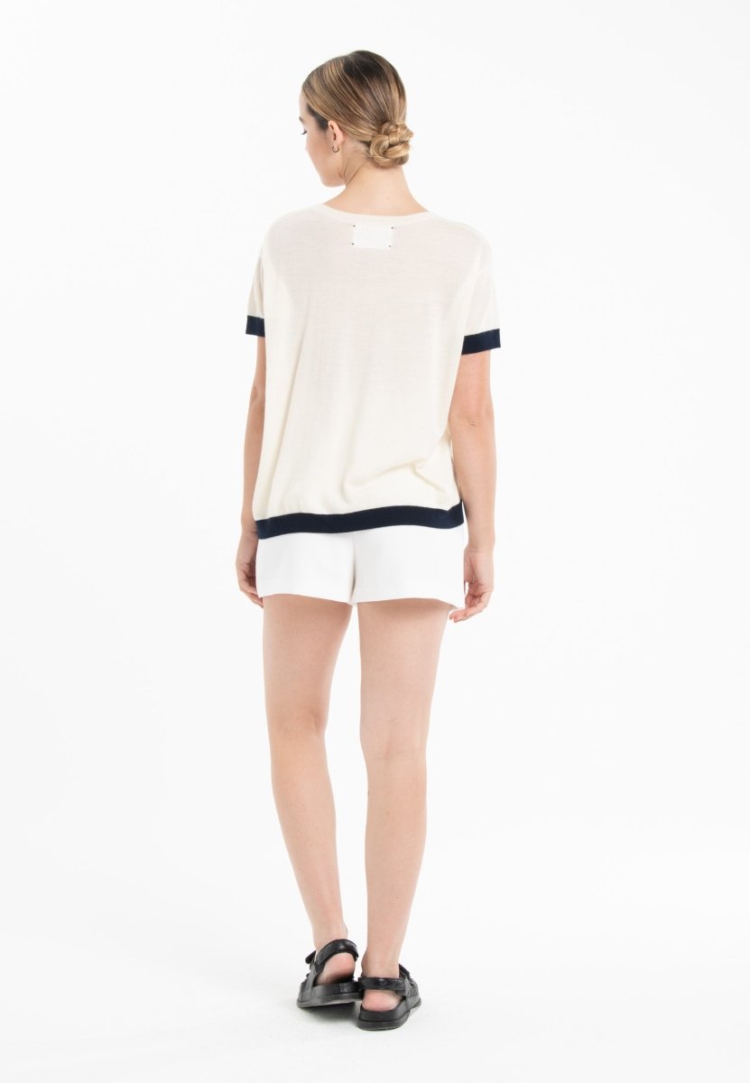 T-shirt col rond ultrafin cachemire et laine blanc/ bleu marine femme - KELLY 1 - Studio cashmere8