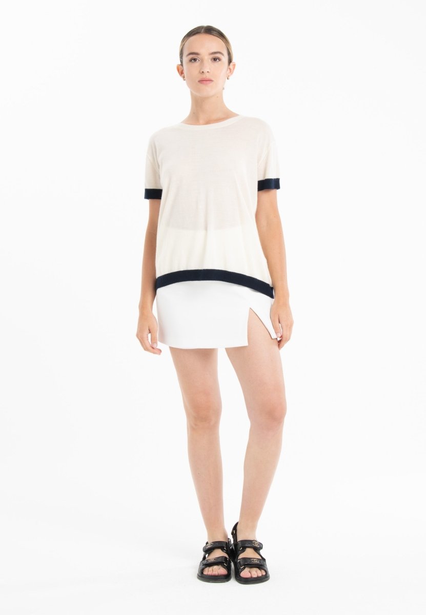 T-shirt col rond ultrafin cachemire et laine blanc/ bleu marine femme - KELLY 1 - Studio cashmere8