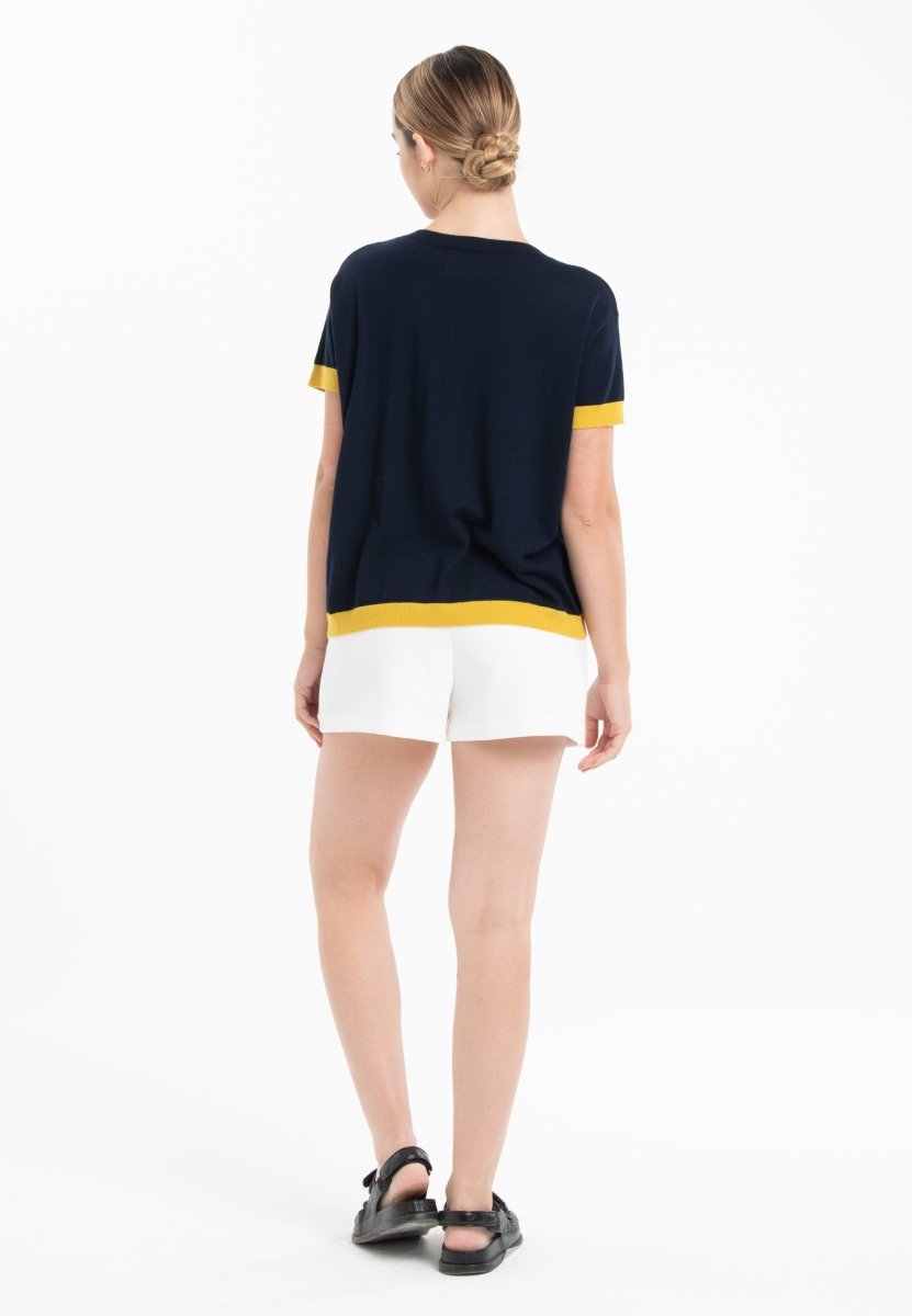 T-shirt col rond ultrafin cachemire et laine bleu marine/ jaune femme - KELLY 1 - Studio cashmere8