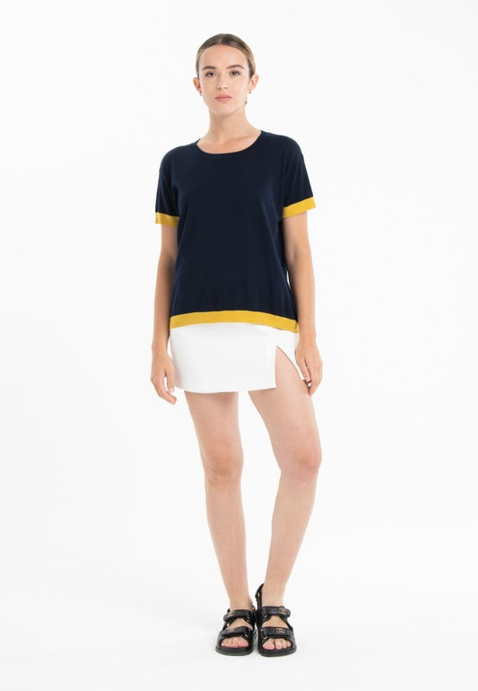 T-shirt col rond ultrafin cachemire et laine bleu marine/ jaune femme - KELLY 1 - Studio cashmere8