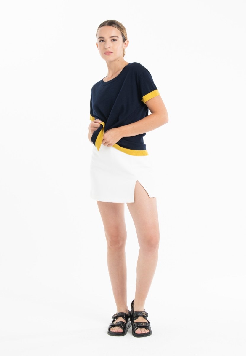 T-shirt col rond ultrafin cachemire et laine bleu marine/ jaune femme - KELLY 1 - Studio cashmere8