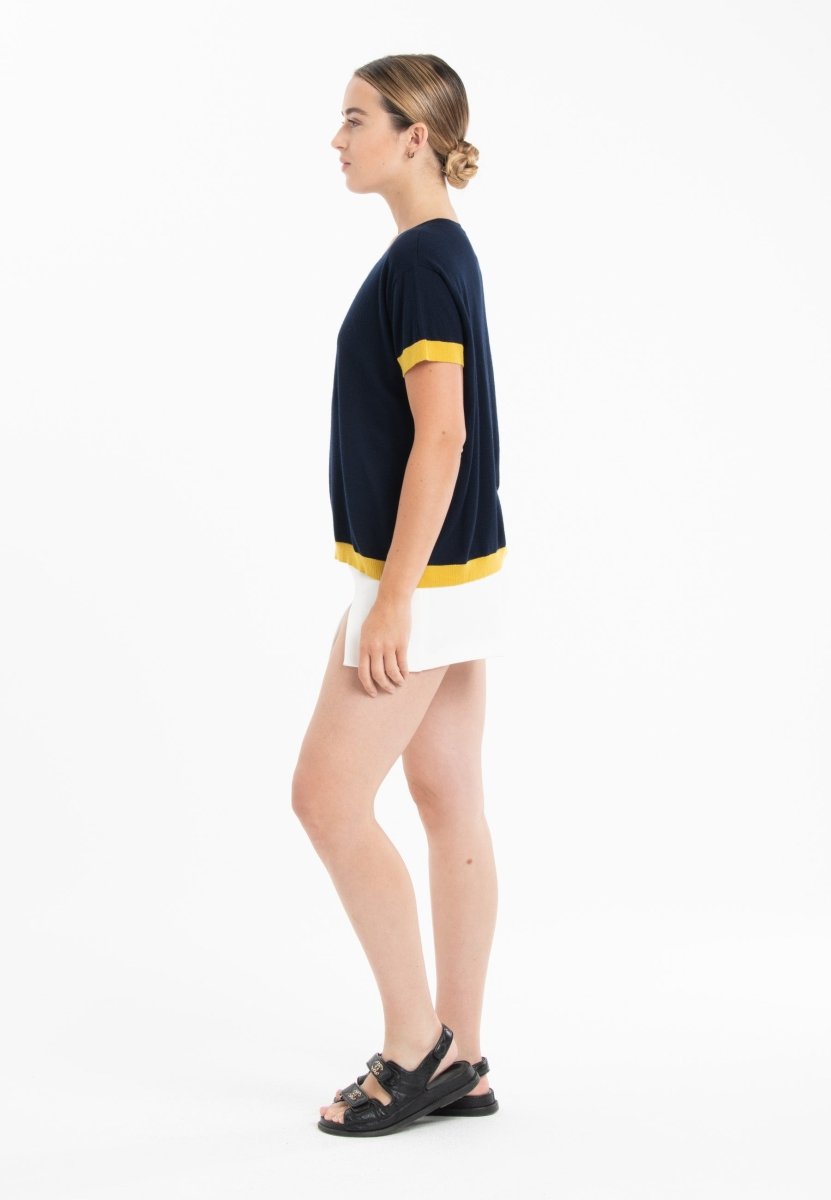 T-shirt col rond ultrafin cachemire et laine bleu marine/ jaune femme - KELLY 1 - Studio cashmere8