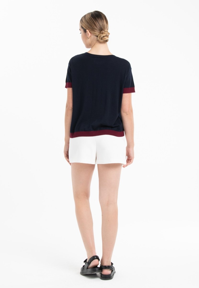 T-shirt col rond ultrafin cachemire et laine bleu marine/ rouge bordeaux femme - KELLY 1 - Studio cashmere8