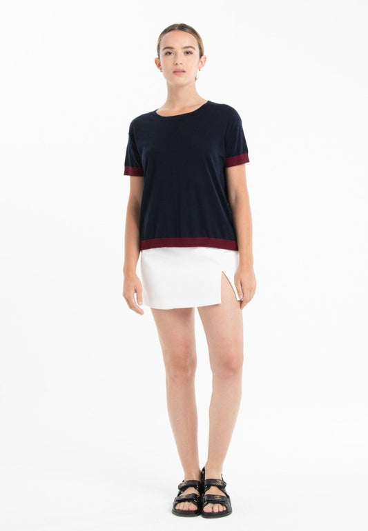 T-shirt col rond ultrafin cachemire et laine bleu marine/ rouge bordeaux femme - KELLY 1 - Studio cashmere8