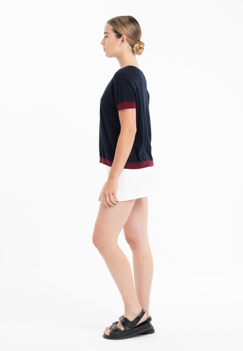 T-shirt col rond ultrafin cachemire et laine bleu marine/ rouge bordeaux femme - KELLY 1 - Studio cashmere8