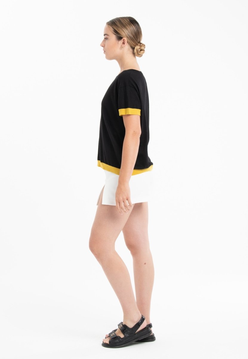 T-shirt col rond ultrafin cachemire et laine noir/ jaune femme - KELLY 1 - Studio cashmere8