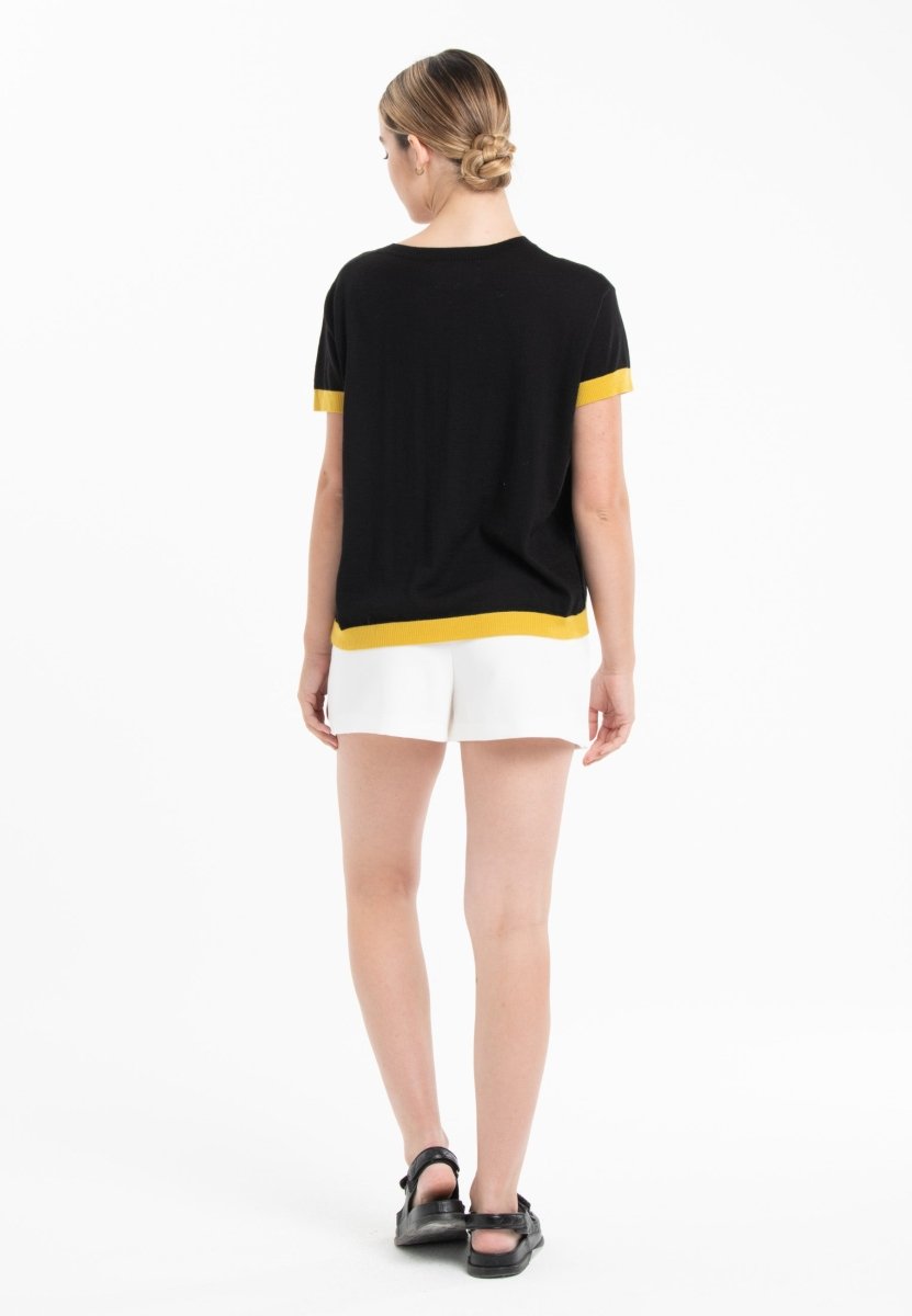 T-shirt col rond ultrafin cachemire et laine noir/ jaune femme - KELLY 1 - Studio cashmere8