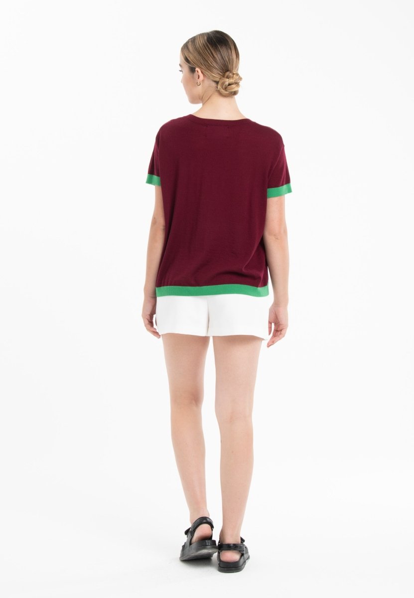 T-shirt col rond ultrafin cachemire et laine rouge bordeaux/ vert femme - KELLY 1 - Studio cashmere8