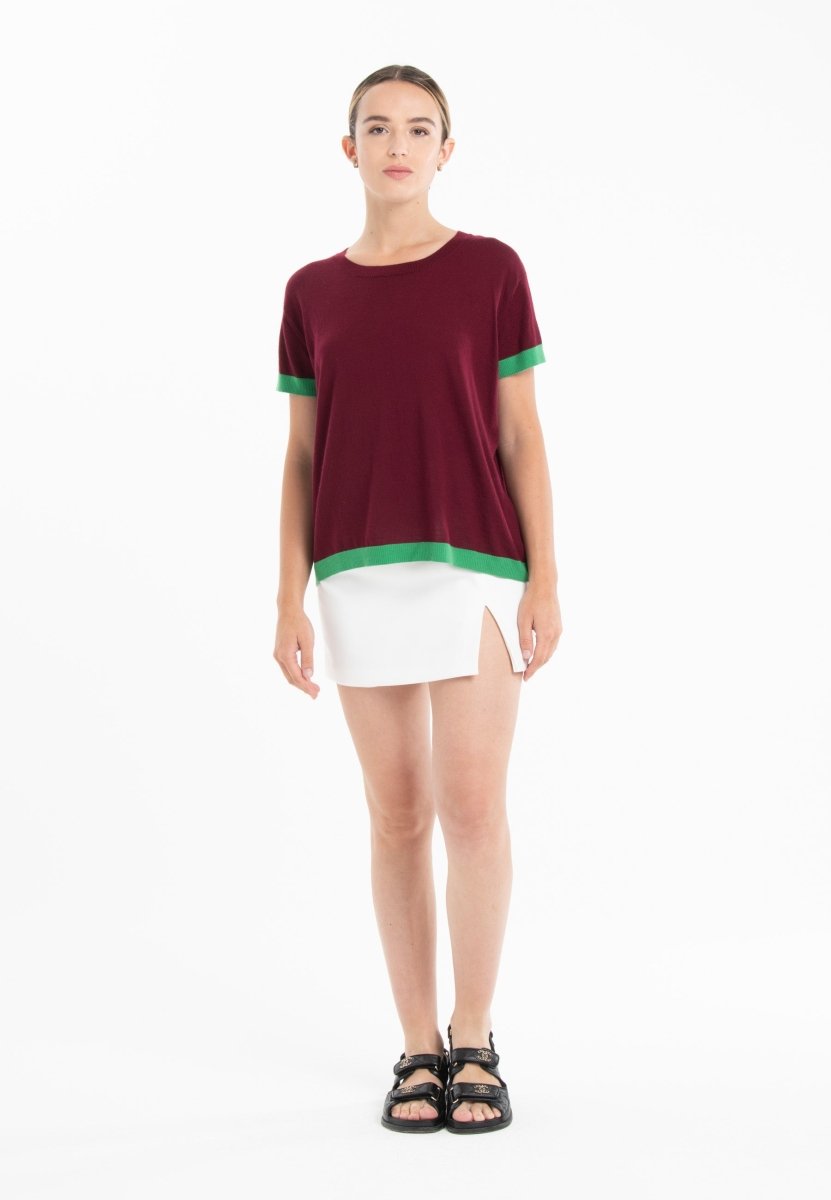 T-shirt col rond ultrafin cachemire et laine rouge bordeaux/ vert femme - KELLY 1 - Studio cashmere8