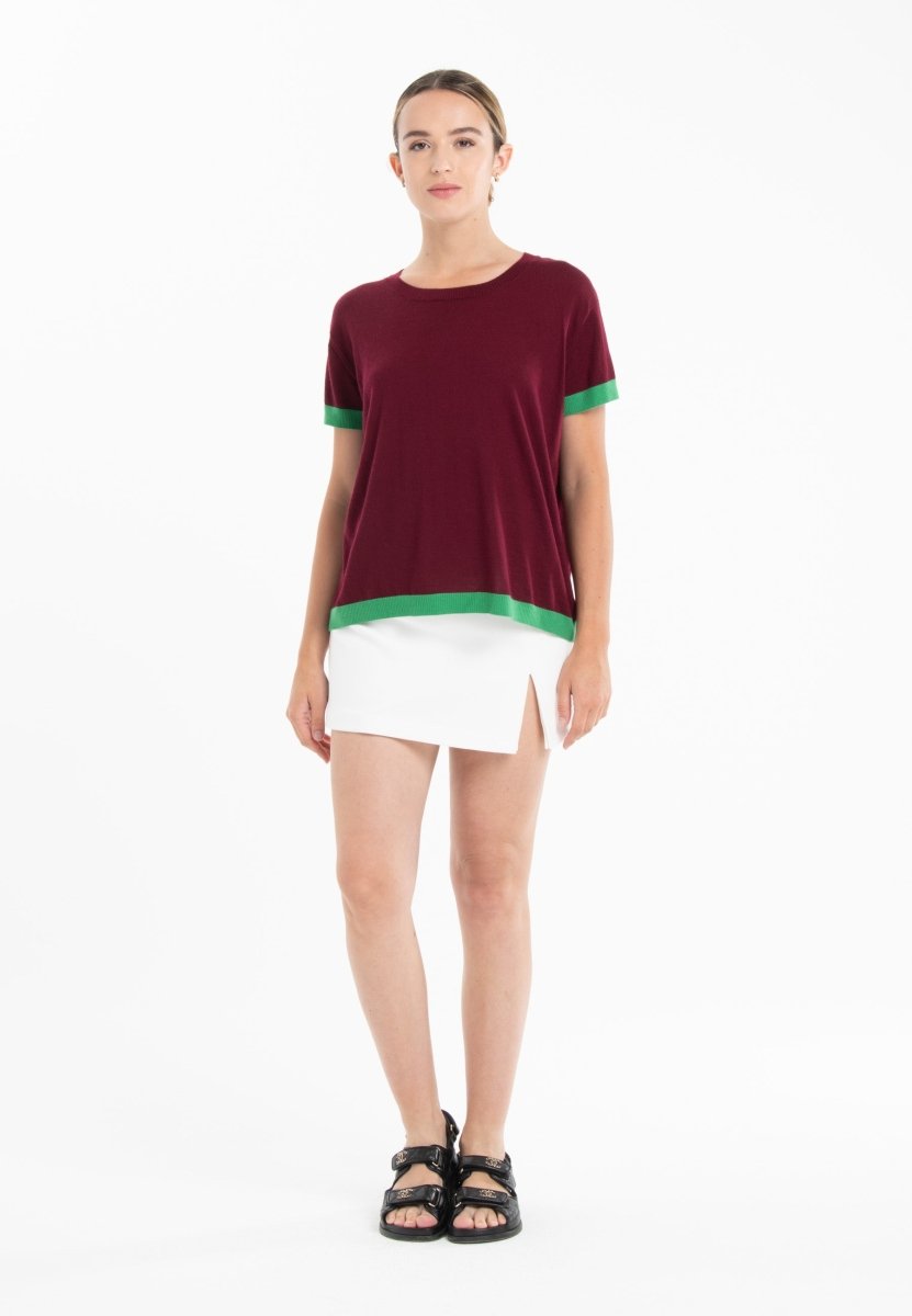 T-shirt col rond ultrafin cachemire et laine rouge bordeaux/ vert femme - KELLY 1 - Studio cashmere8