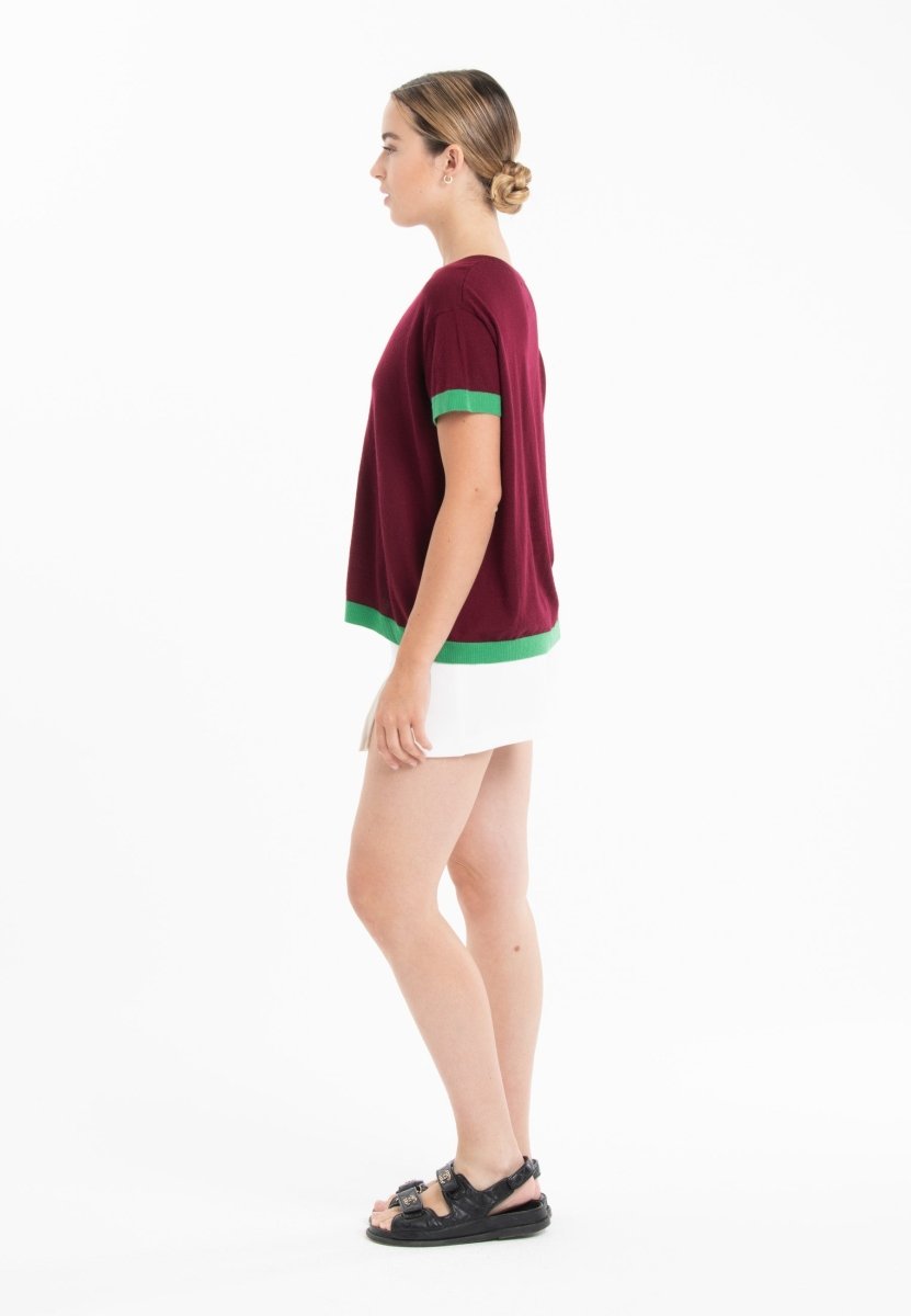 T-shirt col rond ultrafin cachemire et laine rouge bordeaux/ vert femme - KELLY 1 - Studio cashmere8