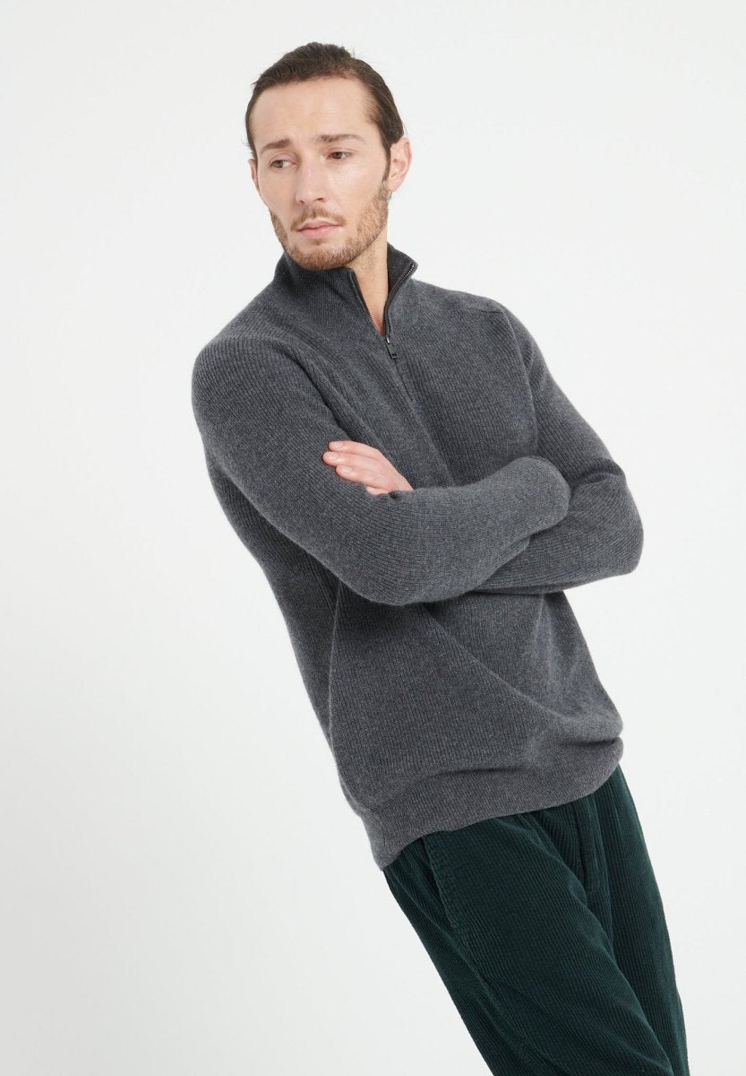 ZACH 2 Sweat col cheminé zippé en cachemire gris anthracite - Studio cashmere8