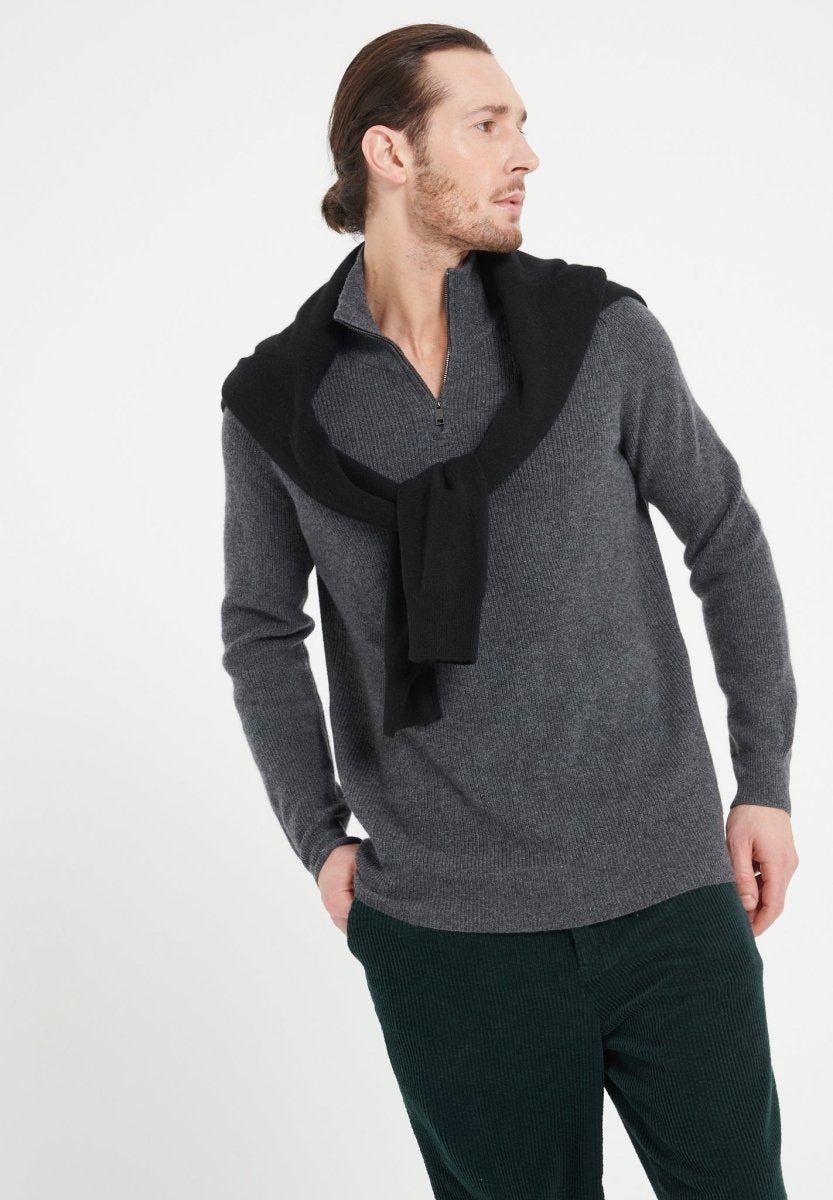 ZACH 2 Sweat col cheminé zippé en cachemire gris anthracite - Studio cashmere8