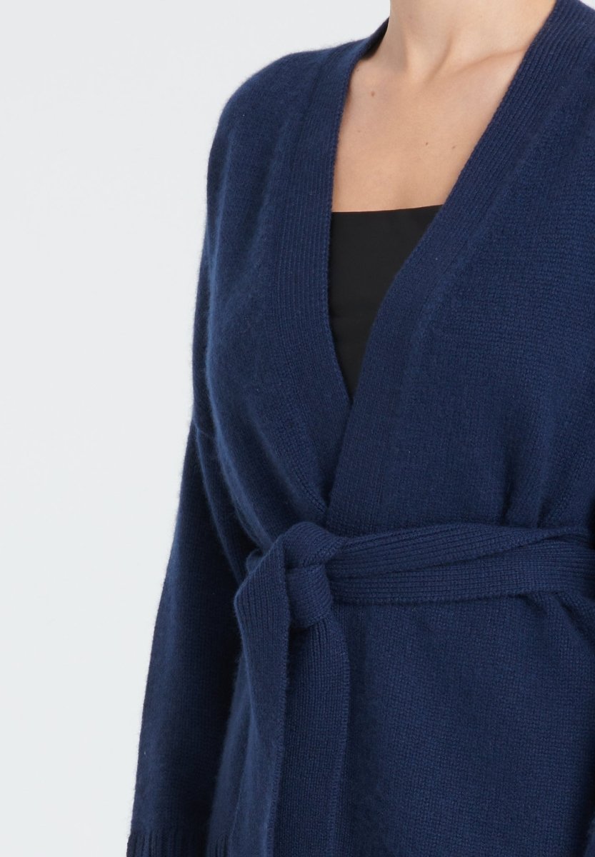 ZAYA 8 Cardigan ceinturé en cachemire 8 fils bleu marine - Studio cashmere8