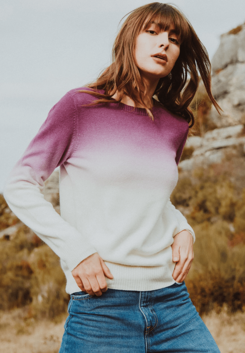 ZAYA 9 Pull col rond tye & dye en cachemire écru et violet foncé - Studio cashmere8